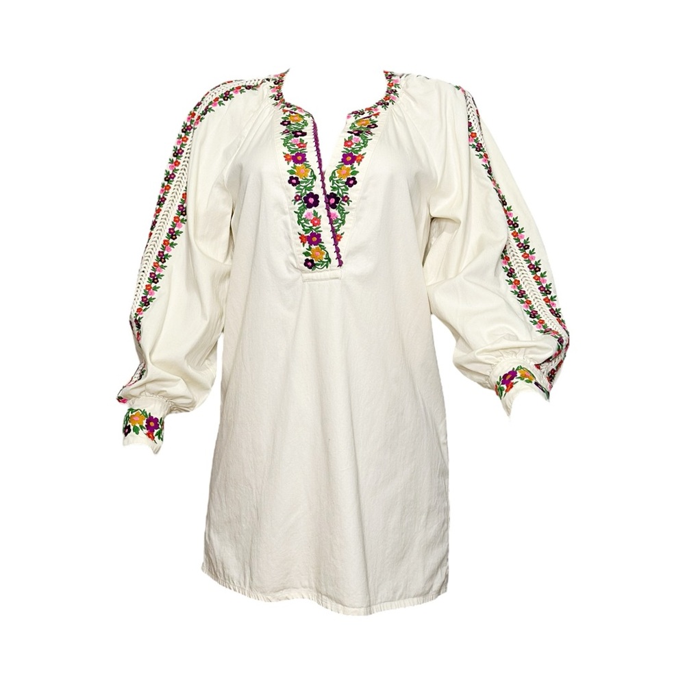 Sezane Cream Mini Dress with Multicolor Floral Embroidery